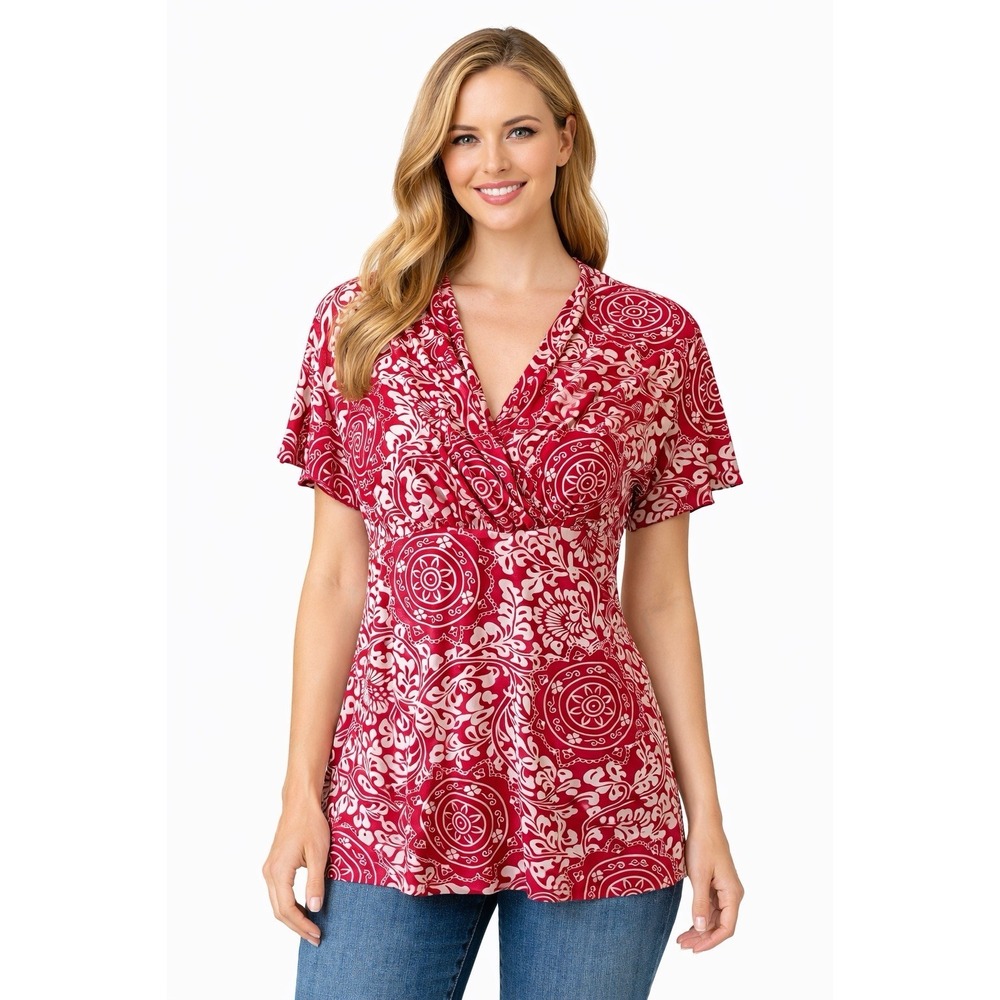 Womens Red‎ White Floral Paisley Surplice Top Empire Waist Blouse Small